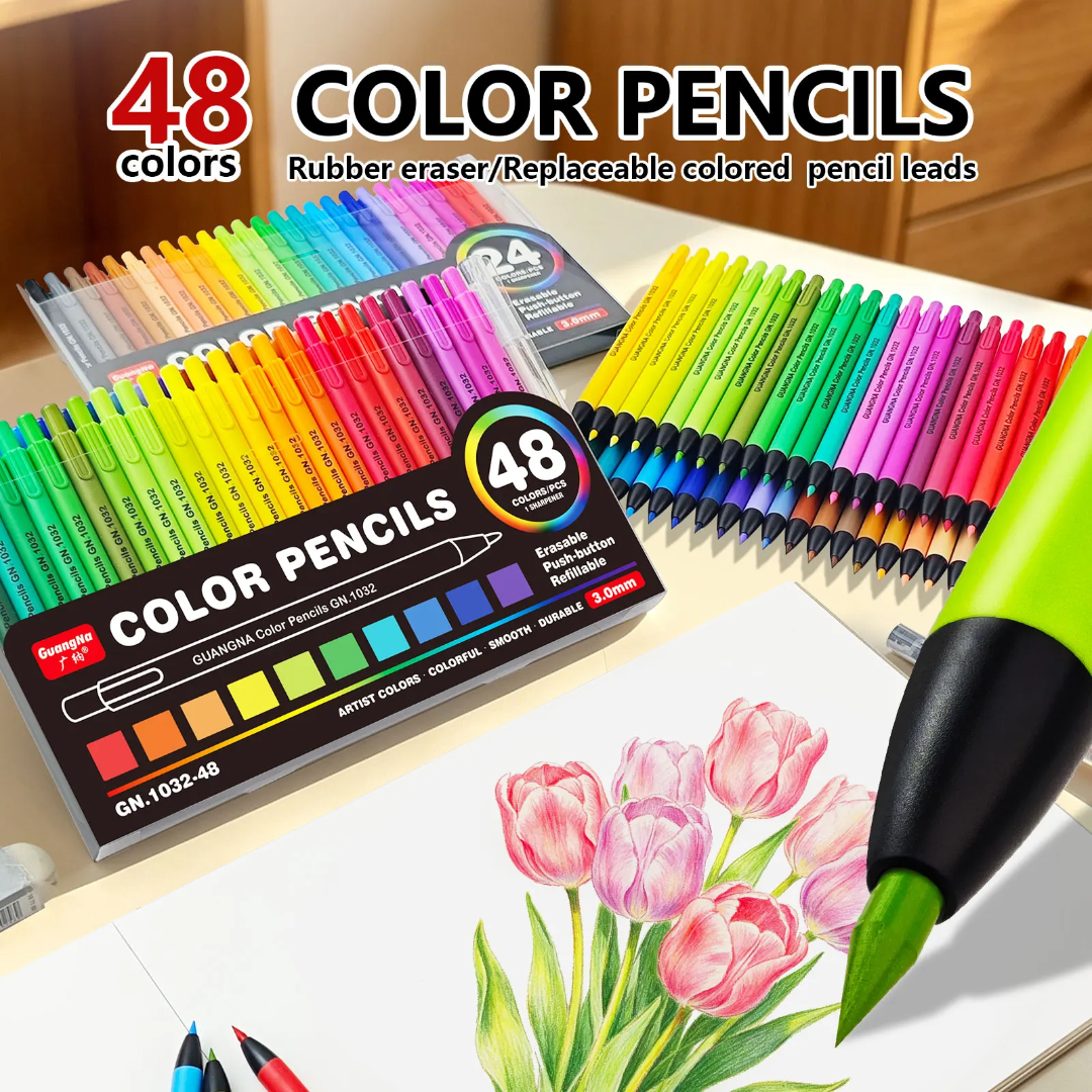GuangNa Erasable Colour Pencils | 3mm Push-Button Mechanical Pencils – 48 Colours