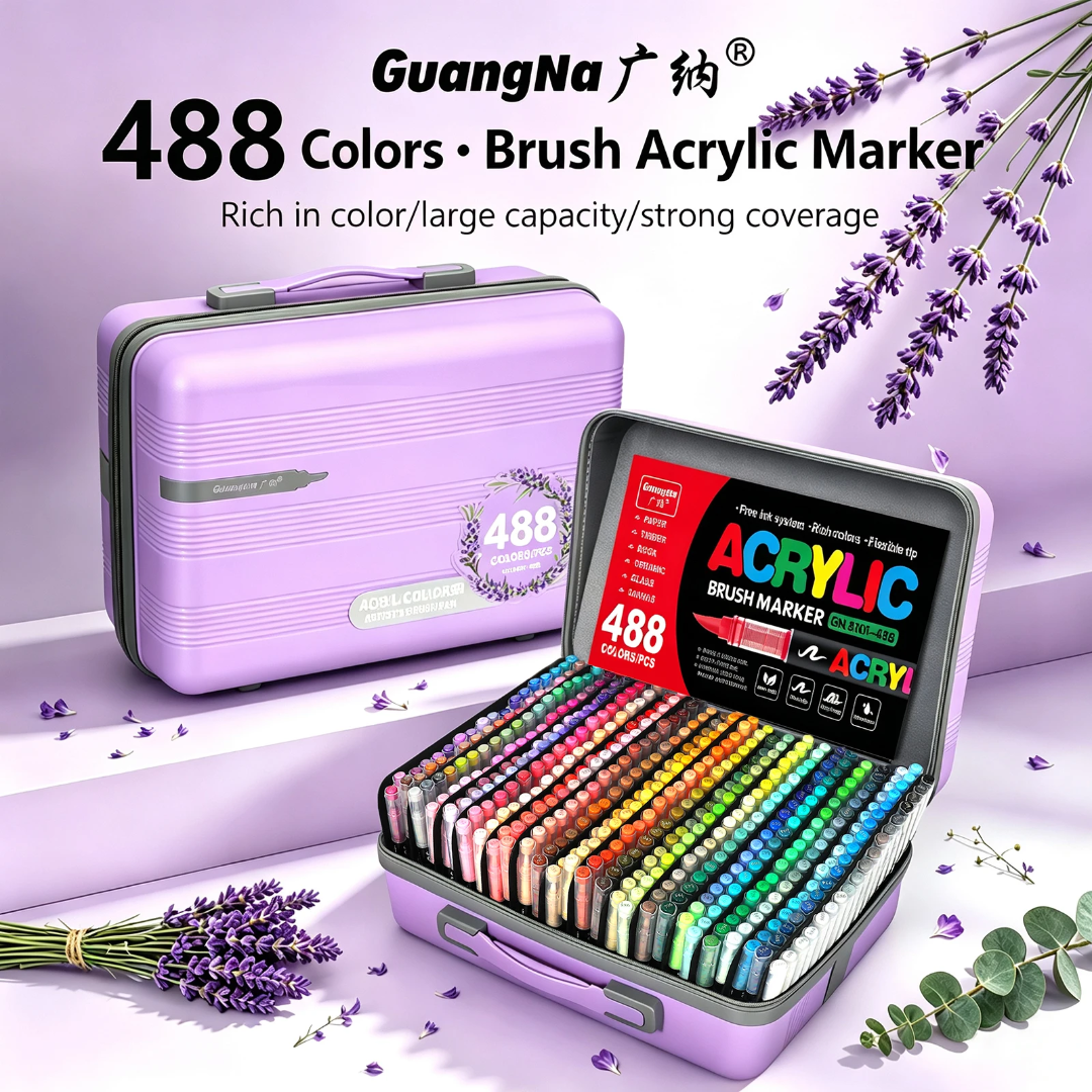 GuangNa 488 Colour Acrylic Brush Marker Set – With Storage Case