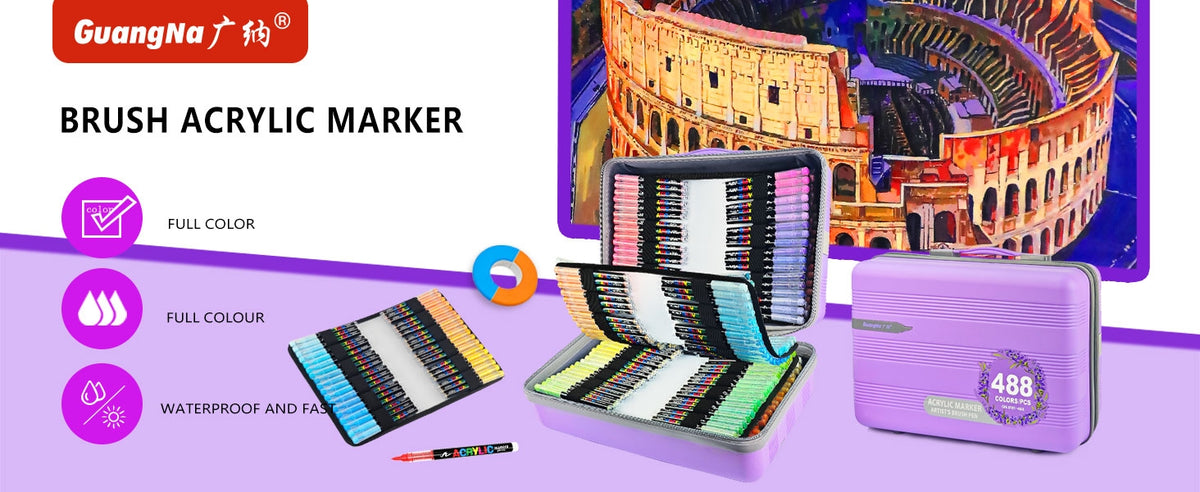 GuangNa 488 Colour Acrylic Brush Marker Set – With Storage Case