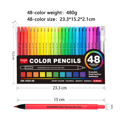 GuangNa Erasable Colour Pencils | 3mm Push-Button Mechanical Pencils – 48 Colours