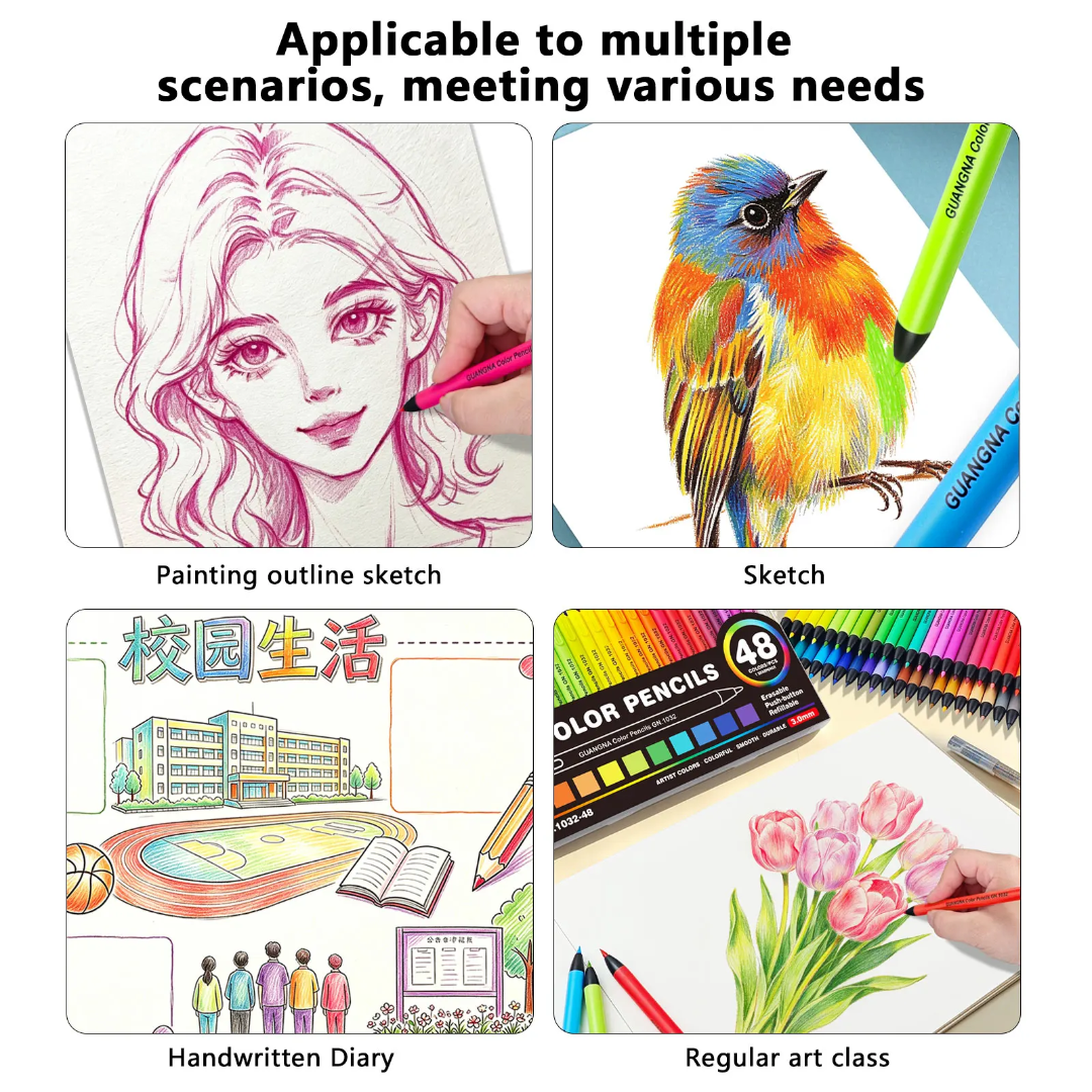 GuangNa Erasable Colour Pencils | 3mm Push-Button Mechanical Pencils – 48 Colours