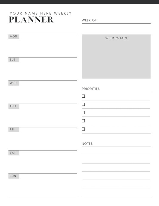 Simple personalised A4 weekly planner