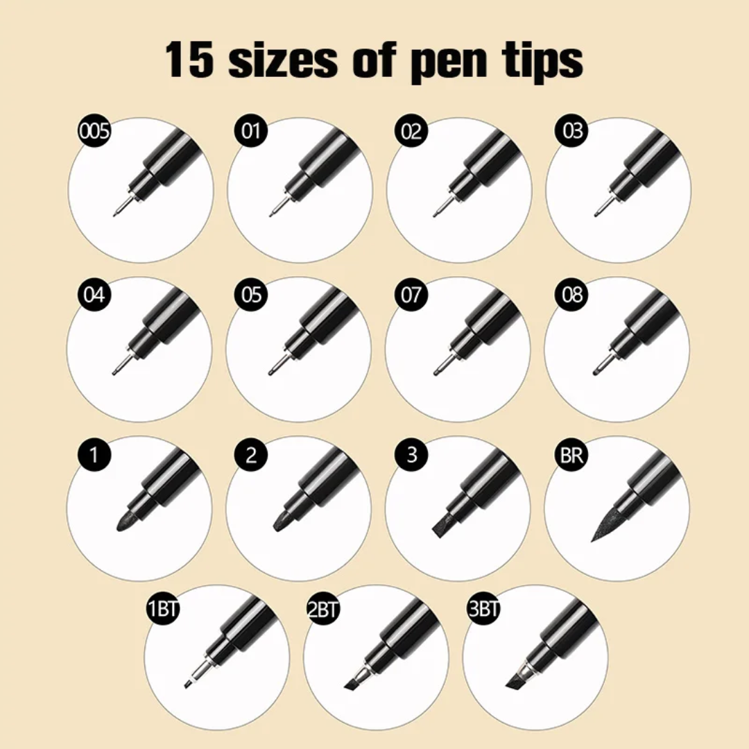 15pc Drawing Black Ink Pen Set