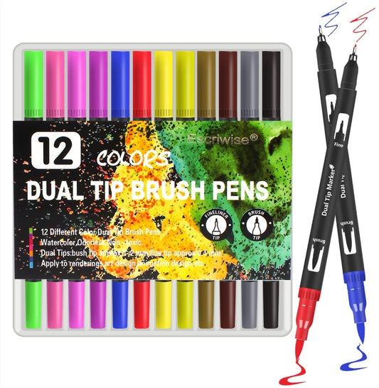 12pc double sided brush markers. (Fineliner + brush tip)