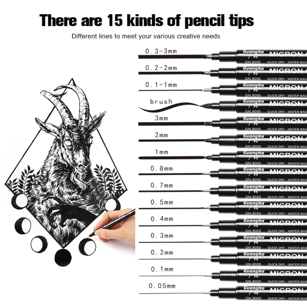 15pc Drawing Black Ink Pen Set